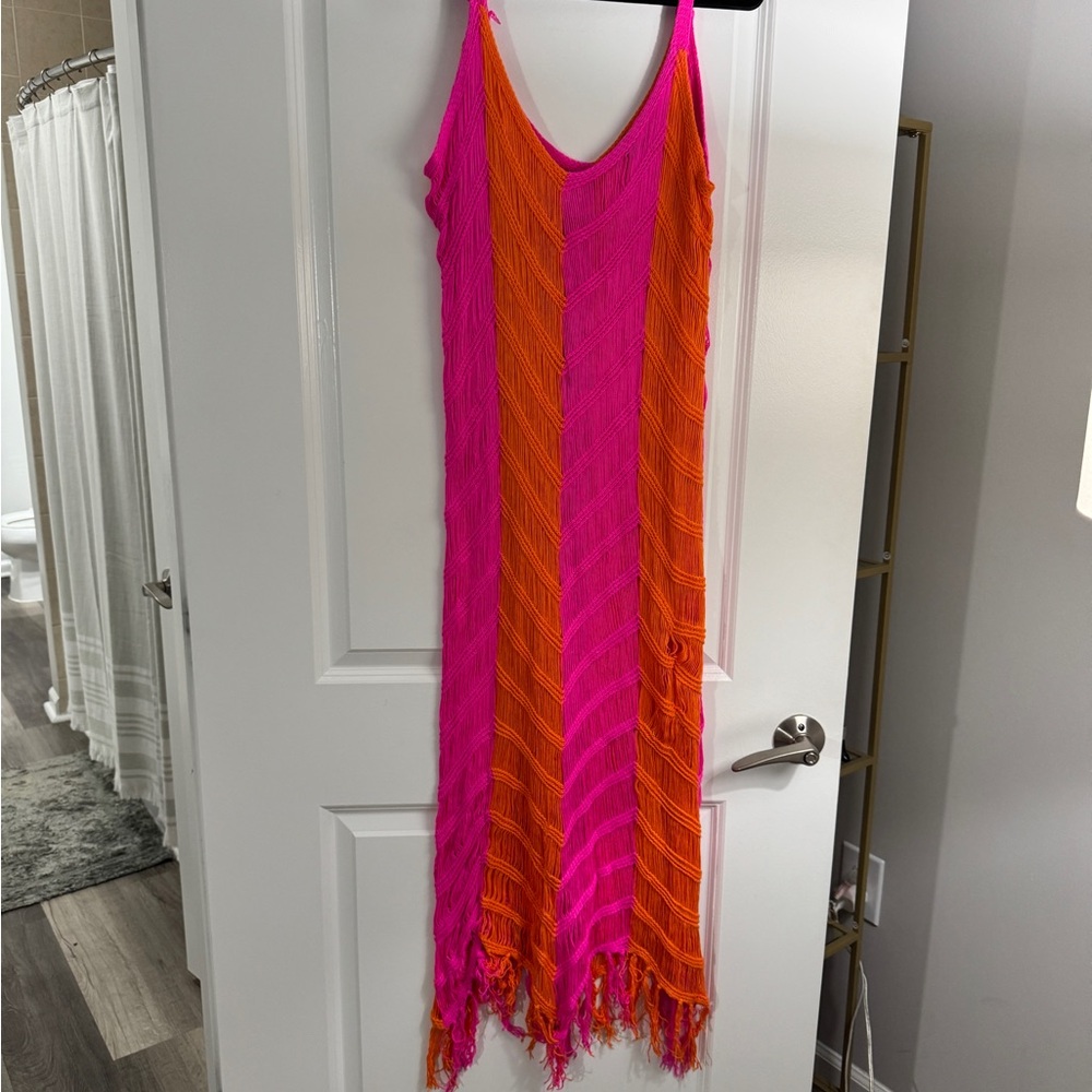 Vibrant Pink and Orange Fringe Dress